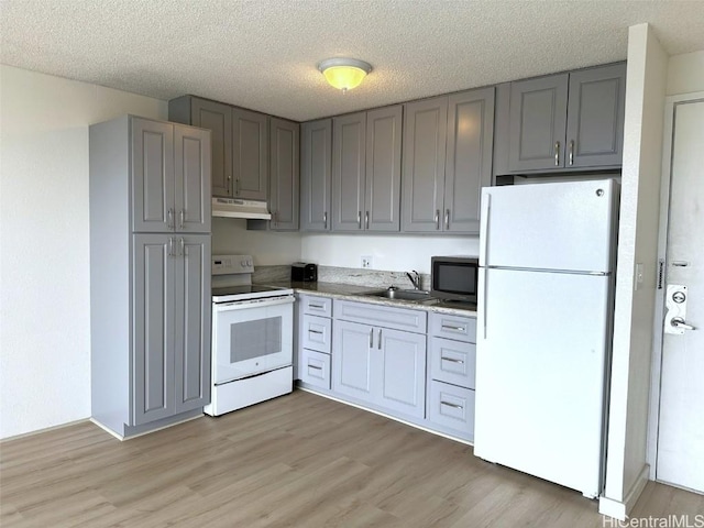 kitchen with white appliances, light wood finished floors, gray cabinets, under cabinet range hood, and a sink