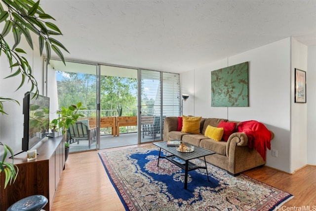 living room featuring light wood finished floors, a textured ceiling, a wealth of natural light, and expansive windows