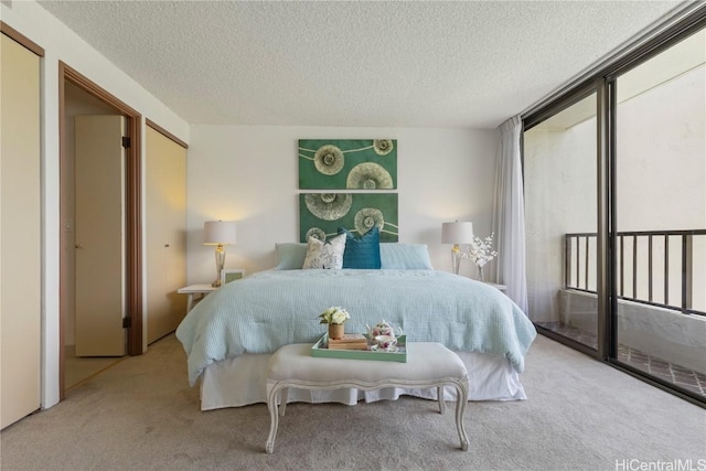 carpeted bedroom featuring access to exterior and a textured ceiling