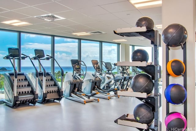 workout area featuring plenty of natural light, visible vents, and floor to ceiling windows