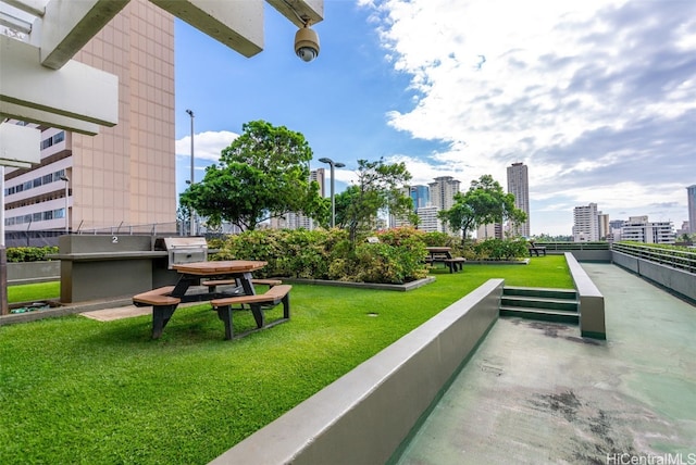 view of property's community featuring a lawn and a city view