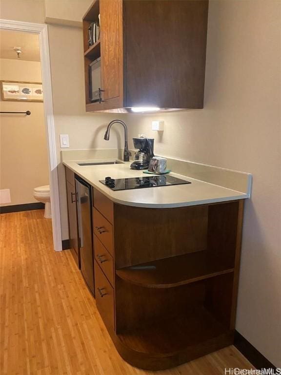 kitchen featuring light wood finished floors, open shelves, and a sink