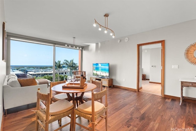 dining space featuring a wall of windows, wood finished floors, and baseboards