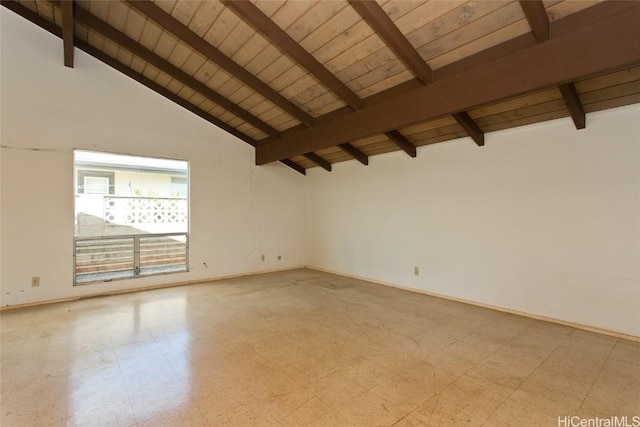 spare room with light floors, wood ceiling, baseboards, and beam ceiling