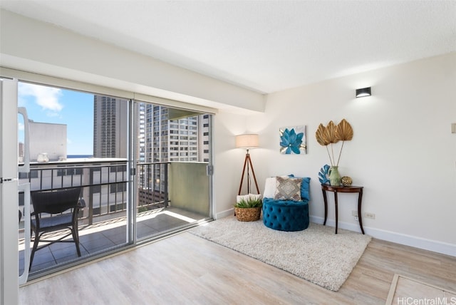 living area featuring a textured ceiling, baseboards, and wood finished floors