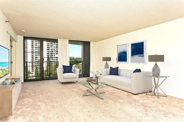 living area featuring expansive windows, a textured ceiling, carpet, and plenty of natural light