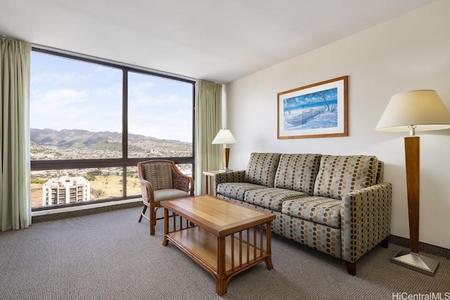 carpeted living area with a mountain view and floor to ceiling windows