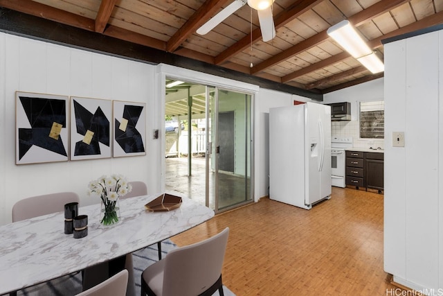 dining room with lofted ceiling with beams, light floors, wood ceiling, and a ceiling fan