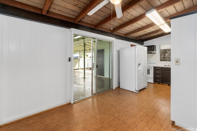 spare room featuring light floors, wooden ceiling, lofted ceiling with beams, and ceiling fan