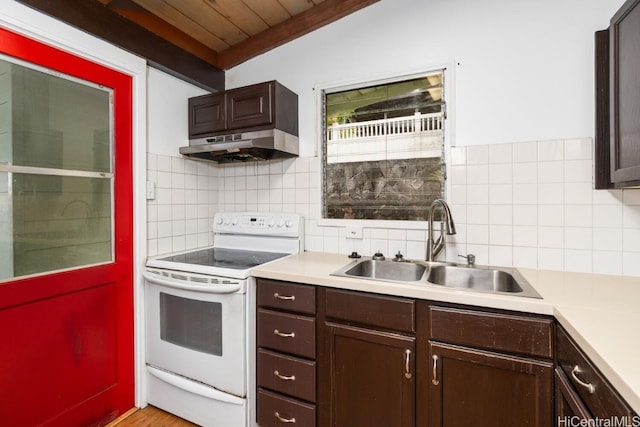 kitchen featuring white range with electric cooktop, a sink, dark brown cabinetry, light countertops, and under cabinet range hood