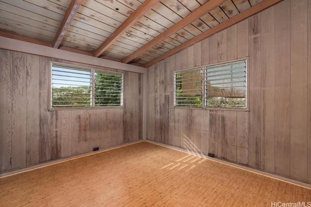 spare room with lofted ceiling with beams, wooden walls, wood finished floors, and wooden ceiling