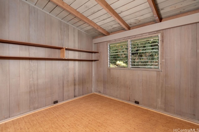 unfurnished room with wood ceiling, beamed ceiling, wooden walls, and wood finished floors