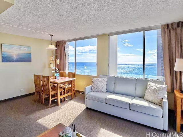 living room with a textured ceiling, plenty of natural light, and a water view