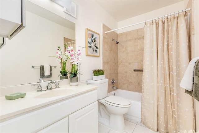 full bath featuring visible vents, shower / bath combo with shower curtain, toilet, tile patterned floors, and vanity