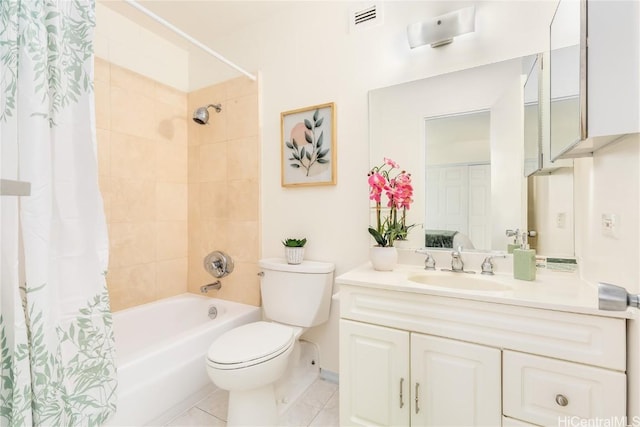 bathroom featuring visible vents, toilet, shower / tub combo, tile patterned flooring, and vanity