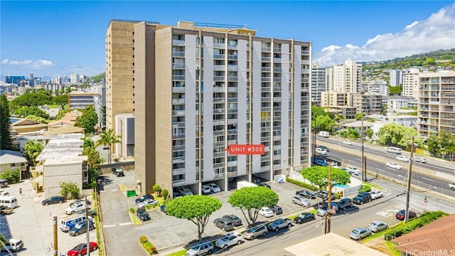 view of building exterior with a city view