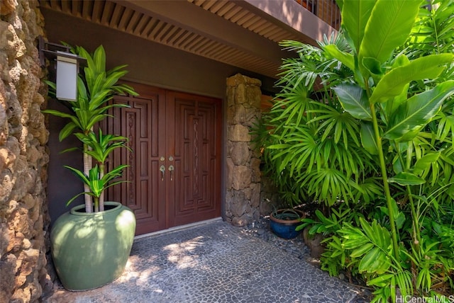 view of exterior entry featuring stone siding