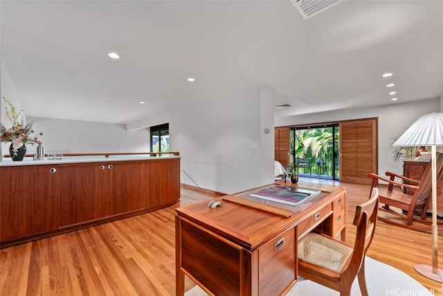 office area featuring recessed lighting, visible vents, and light wood finished floors