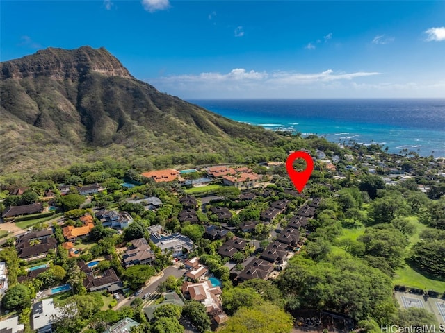 aerial view featuring a water view and a residential view