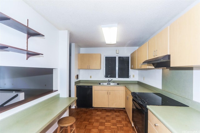 47-6827 Hui Kelu St Unit 6707, Kaneohe, HI 96744 - kitchen featuring black appliances, under cabinet range hood, a sink, light brown cabinetry, and open shelves