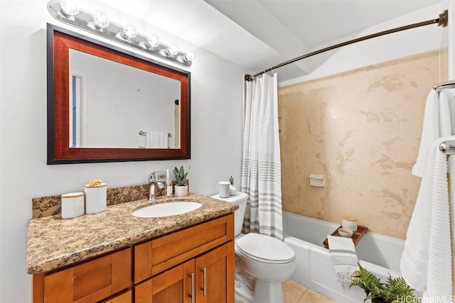 bathroom with shower / bath combo with shower curtain, toilet, vanity, and tile patterned flooring