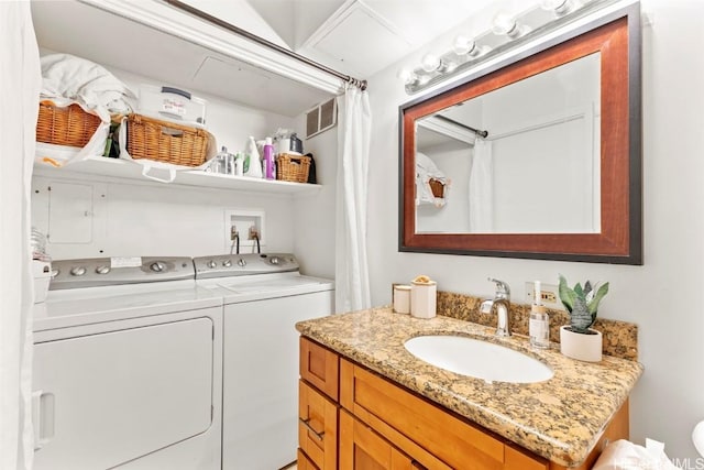 laundry room with laundry area, washer and clothes dryer, visible vents, and a sink