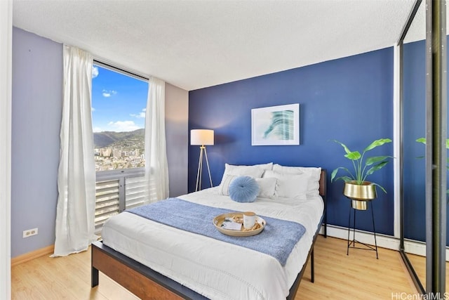 bedroom featuring wood finished floors, a mountain view, a wall of windows, baseboards, and baseboard heating