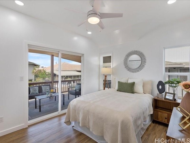 3503-A Wela St, Honolulu, HI 96815 - bedroom with access to exterior, wood finished floors, lofted ceiling, recessed lighting, and a ceiling fan