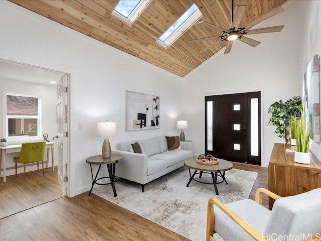 3503-A Wela St, Honolulu, HI 96815 - living area featuring wood finished floors, a skylight, ceiling fan, wooden ceiling, and high vaulted ceiling