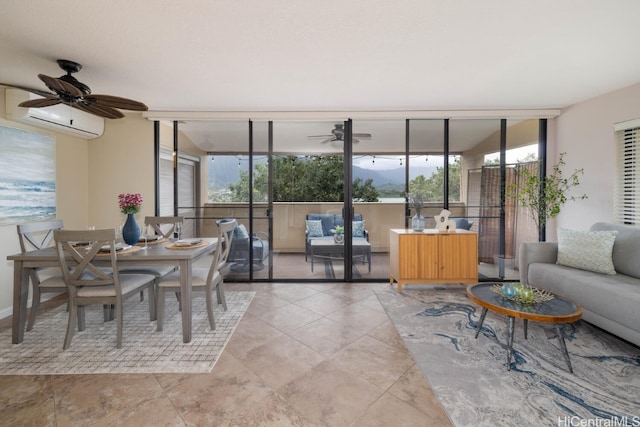 dining room with tile patterned floors, a wall mounted AC, ceiling fan, and expansive windows