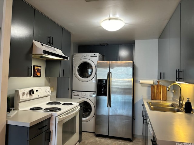 700 Richards St Unit 2403, Honolulu, HI 96813 - kitchen featuring under cabinet range hood, stainless steel fridge with ice dispenser, a sink, white range with electric cooktop, and stacked washer and dryer