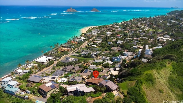 aerial view with a water view and a residential view