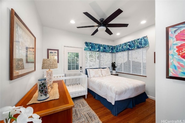 bedroom with recessed lighting, baseboards, wood finished floors, and a ceiling fan