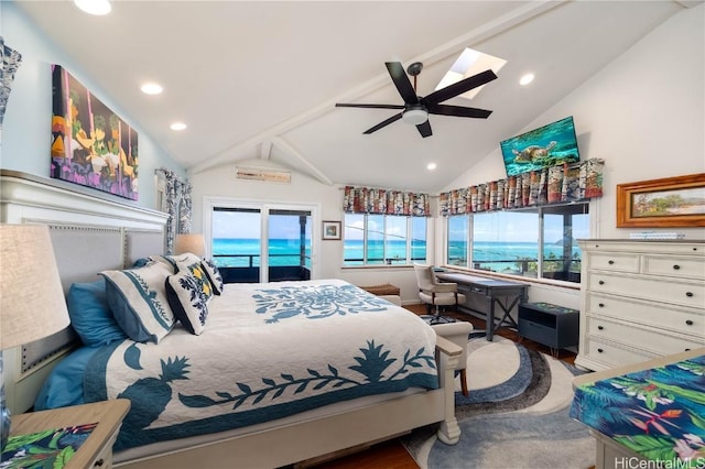 bedroom featuring recessed lighting, lofted ceiling, access to exterior, and a ceiling fan