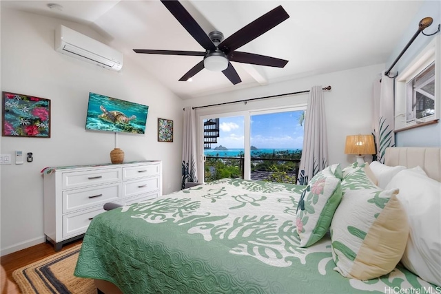 bedroom featuring access to exterior, a wall mounted air conditioner, lofted ceiling, wood finished floors, and a ceiling fan