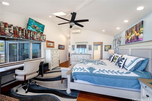 bedroom featuring a wall mounted air conditioner, recessed lighting, wood finished floors, and a ceiling fan