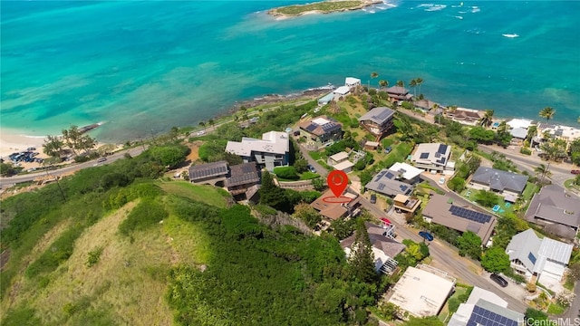 birds eye view of property featuring a residential view and a water view