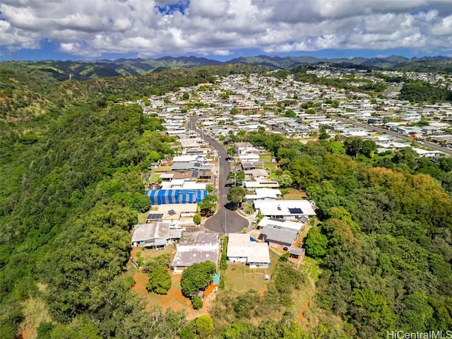 drone / aerial view featuring a mountain view