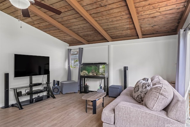 living area featuring lofted ceiling with beams, ceiling fan, wood finished floors, and wood ceiling