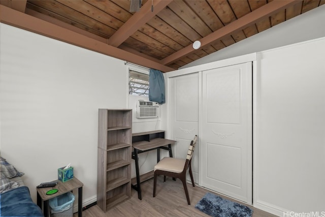 office with lofted ceiling with beams, wood ceiling, cooling unit, and wood finished floors