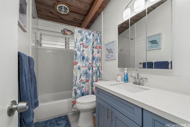 bathroom featuring visible vents, toilet, tile patterned floors, shower / bath combo with shower curtain, and vanity