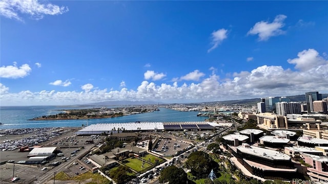 aerial view with a water view and a city view