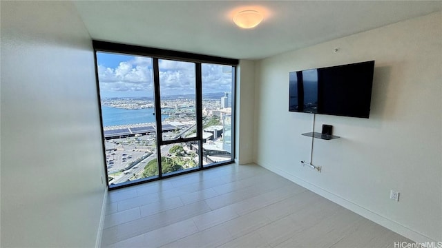 empty room with expansive windows and baseboards