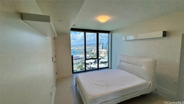 bedroom featuring floor to ceiling windows and baseboards