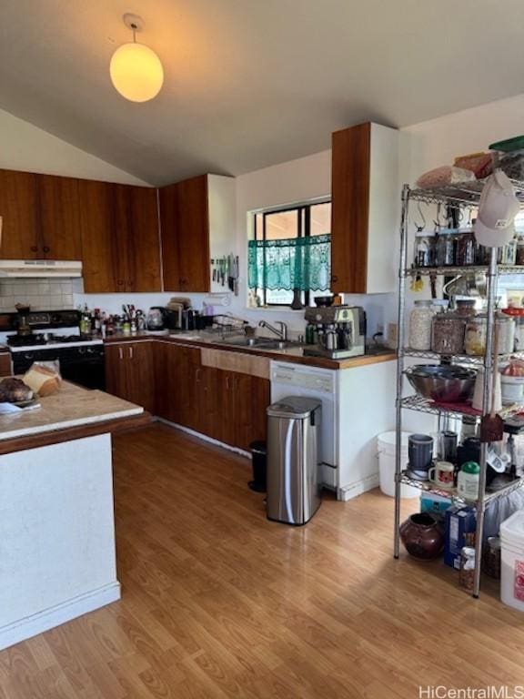 kitchen featuring decorative backsplash, light wood-style flooring, black gas stove, under cabinet range hood, and a sink