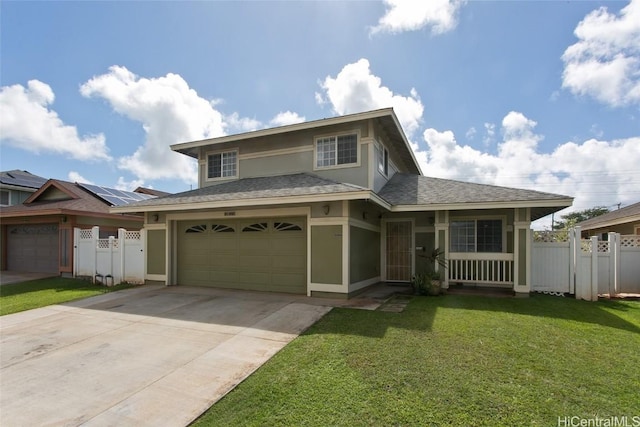 view of front of property with a garage, concrete driveway, a gate, fence, and a front yard