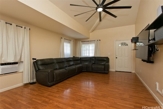 living room with high vaulted ceiling, a ceiling fan, light wood-style flooring, and baseboards