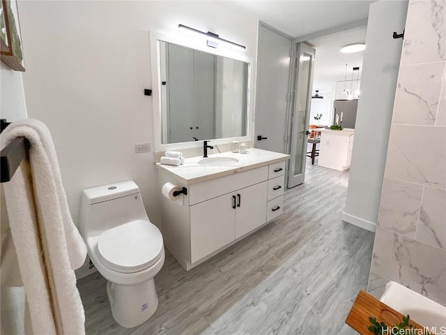 bathroom with vanity, wood finished floors, and toilet