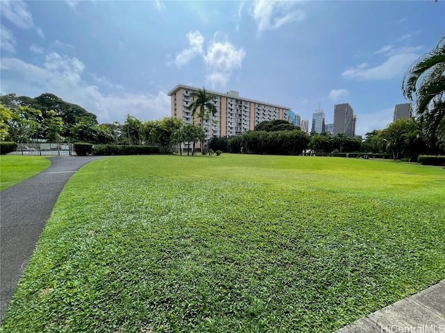 view of property's community featuring a view of city and a yard