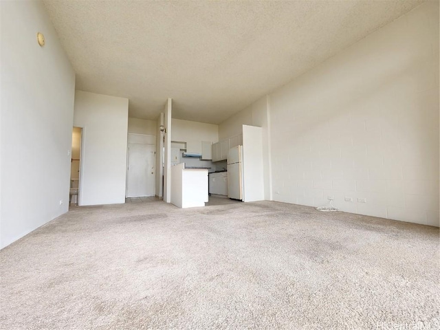 unfurnished living room featuring light colored carpet and a textured ceiling